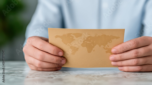 Hands holding brown envelope with world map printed on it on marble table