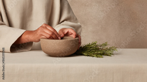 Hands gently preparing herbal mortar with fresh rosemary on beige linen tablecloth in minimal style