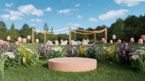 Pink Podium in Green Grass Field with Spring Flowers and String Lights
