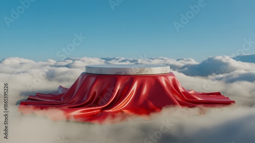 Marble Podium with Red Silk Skirt Floating in Clouds and Blue Sky