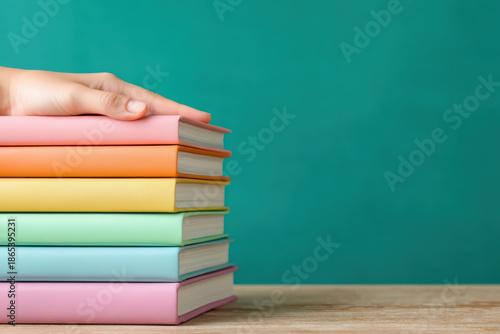 Hand gently resting on stack of pastel colored books arranged neatly on wooden surface with teal background, evoking calm and organized study or reading time