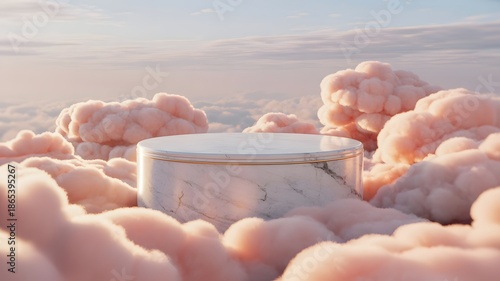 White Marble Podium Floating in Soft Pink Fluffy Clouds