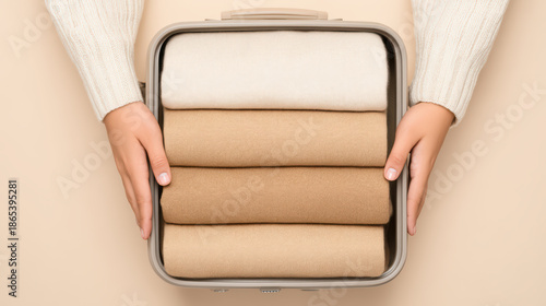 Minimalist style close up of hands packing neatly folded beige and cream sweaters in small suitcase on beige background, showing organized travel preparation with warm clothing