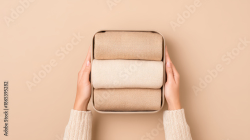 Soft beige and cream knitted sweaters neatly folded in box held by hands, showcasing minimal style and cozy fabric texture in warm neutral setting