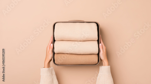 Hands holding neatly folded knitwear in compact box on beige background, showcasing minimal style and organized packing with soft neutral tones and cozy textures