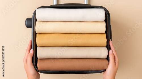 Neatly folded clothes in warm neutral tones packed inside small black suitcase held by hands, showcasing organized travel preparation with minimal style and soft fabric textures