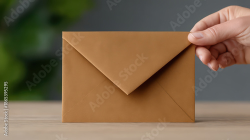 Brown envelope held by hand on wooden table with blurred background, minimal style close up of hands placing paper mail with natural light and soft focus