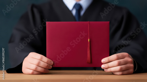 Graduation certificate holder in hands of person wearing black gown and blue tie, symbolizing academic achievement and success in education