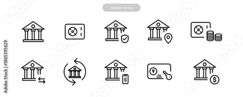 Bank and Vault Icons Collection Set. banking line icon including bank building, bank branches, payments, security, vaults, money transfers, and financial protection symbols. thin line editable stroke