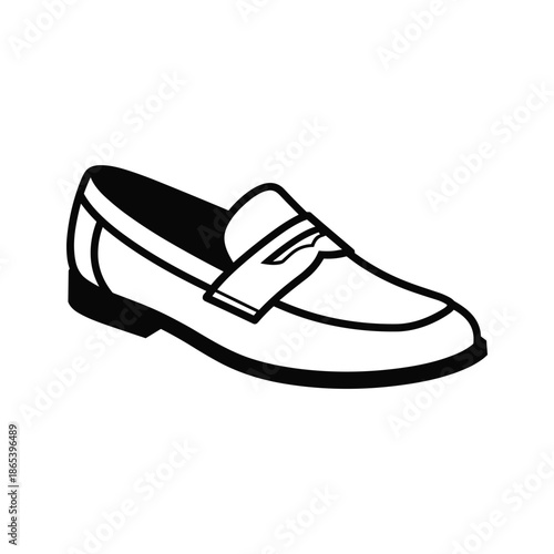 Black and white illustration of a loafer shoe on white background