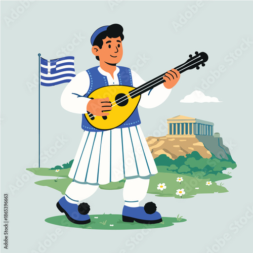 Colorful illustration of Greek traditional musician playing bouzouki suitable for cultural festival and travel vector design