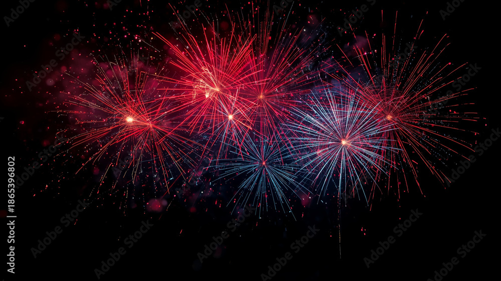 Fototapeta premium abstract black background with red and blue fireworks in the centre, horizontal banner, free space for text, Independence Day celebration card