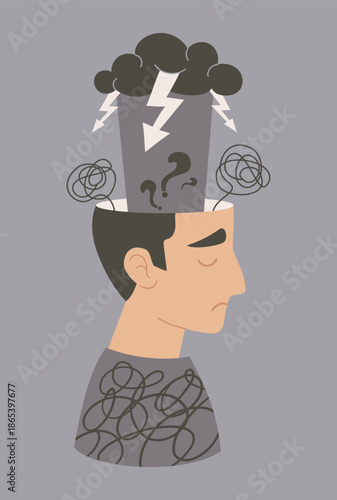 Mental Health. Man Stress Anxiety Crisis. Sad Male Character with Cloud, Lightning and Tangled Thoughts from his head. emotional pain, confusion, Depression. Vector Illustration. Not AI