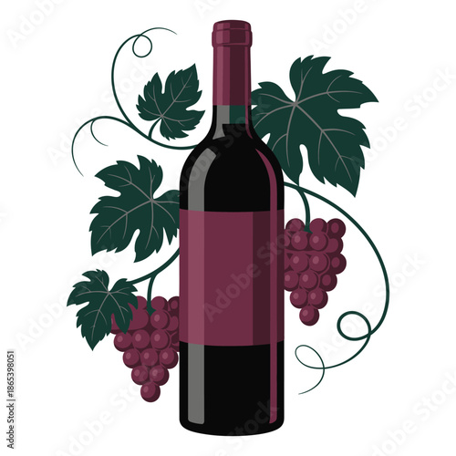 Illustration of red wine bottle with grapes and leaves elegant design for alcohol beverage product isolated on white background vineyard concept