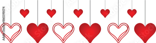A charming decorative border featuring an array of red hearts hanging playfully on strings perfect for love themes. isolated on transparent background