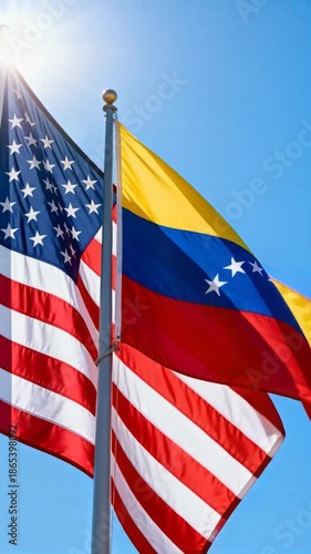 Vertical Low Angle View of USA and Venezuela Flags Waving Together with Sun Flare Against Blue Sky, International Politics Concept