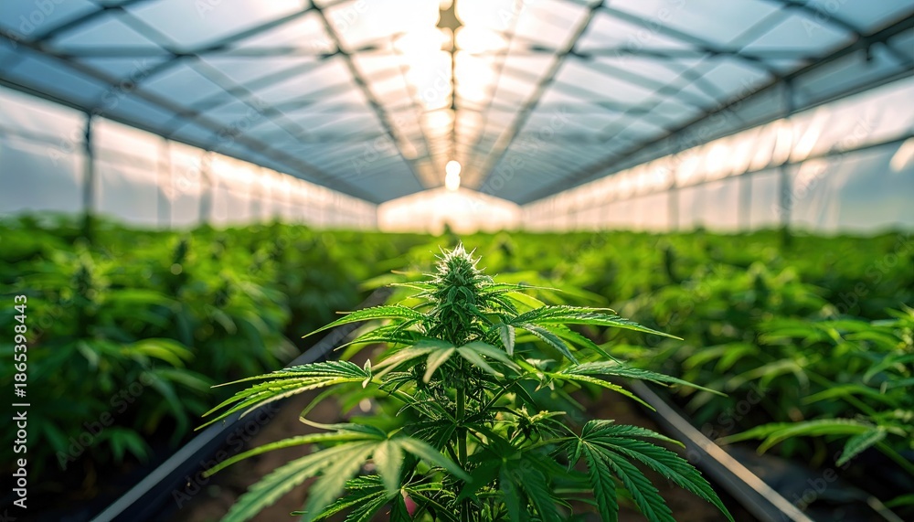 Obraz premium Cannabis crops growing in a commercial greenhouse - marijuana plants 