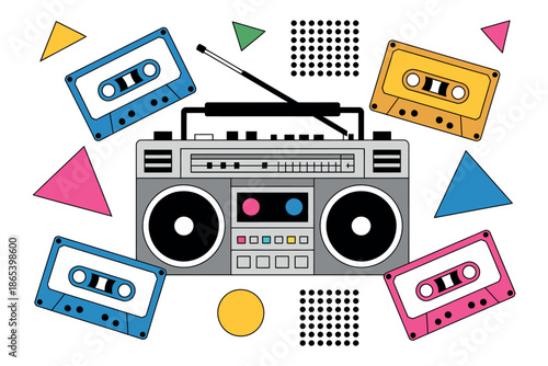 A colorful illustration of a boombox surrounded by cassette tapes and geometric shapes