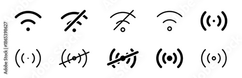Wireless wifi connection icon set with signal strength, hotspot, with connected and disconnected status symbols in outline and solid styles for network technology