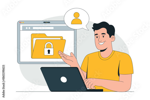 A man in a yellow shirt is sitting with a laptop and presenting a secure folder on the screen with a padlock icon.
