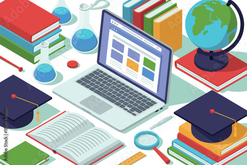 A colorful illustration of a laptop surrounded by books, graduation caps, and educational supplies on a white background.