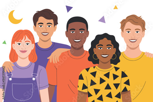 A diverse group of young adults standing together with smiles on their faces