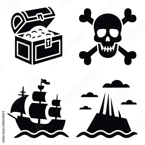 Pirate Adventure Treasures Skull Bones Ship and Island with Treasure Chest Indicating Adventure Sailing on Sea Finding Hidden Spoils Exploring and Discovering Journey