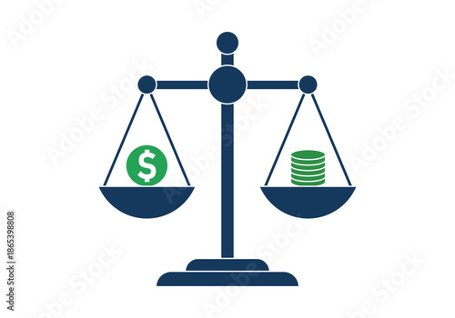 Balanza de la justicia con moneda de dólar y pilas de monedas para conceptos de equilibrio financiero y valor económico