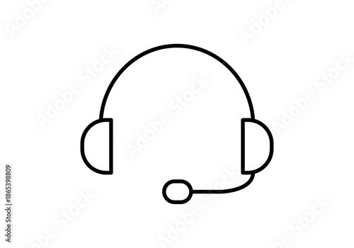 Icono de auriculares con micrófono en color blanco y contorno negro para centros de llamadas y soporte técnico