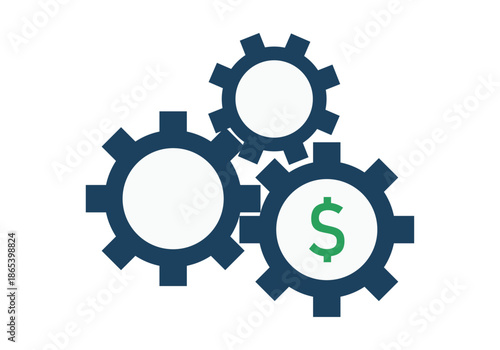 Tres engranajes mecánicos vinculados con el símbolo del dólar para conceptos de procesos económicos y productividad