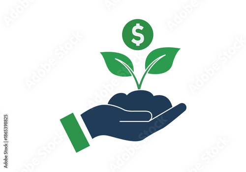 Mano sosteniendo una pequeña planta que crece con un símbolo de dólar para representar el crecimiento financiero y la inversión sostenible