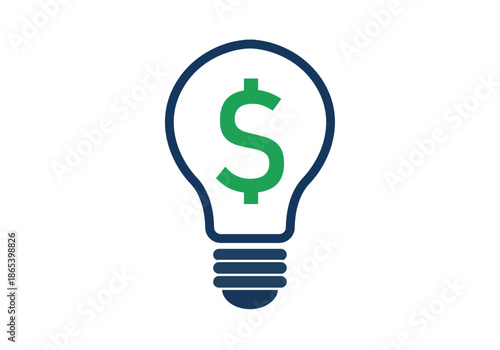 Bombilla blanca con contorno azul y símbolo del dólar verde para representar ideas de negocio y éxito financiero