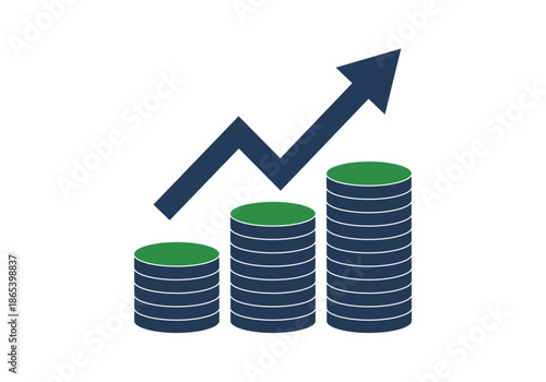 Gráfico de barras ascendente con monedas apiladas y flecha de crecimiento para representar éxito financiero y rentabilidad de inversiones