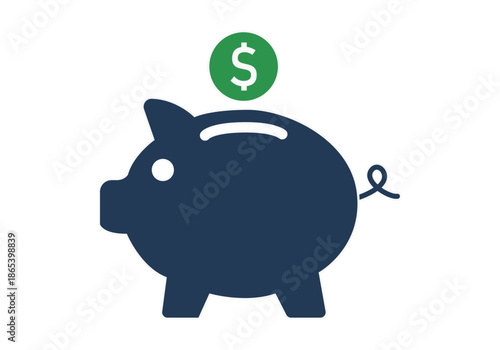 Hucha con forma de cerdo azul y moneda con símbolo de dólar para representar el ahorro y las finanzas personales