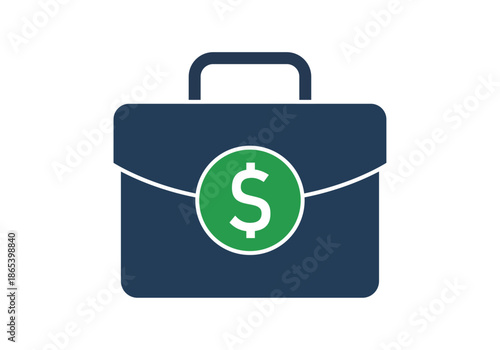 Maletín de negocios azul oscuro con el símbolo del dólar en color verde para representar inversiones y finanzas
