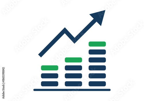 Gráfico estadístico de barras ascendentes con flecha de crecimiento para representar éxito financiero y rentabilidad