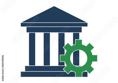 Edificio de banco con columnas y un engranaje para representar la gestión financiera y los sistemas bancarios
