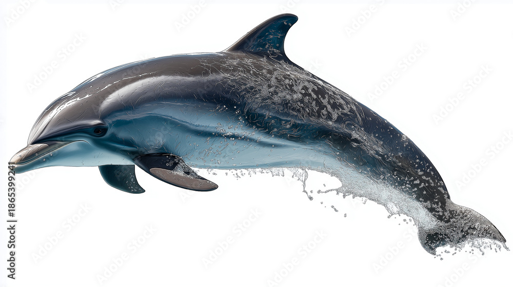 Fototapeta premium Playful Dolphin Leaping Mid Air Isolated on White Background, Realistic Marine Animal, Ocean Wildlife Concept, Intelligent Sea Mammal