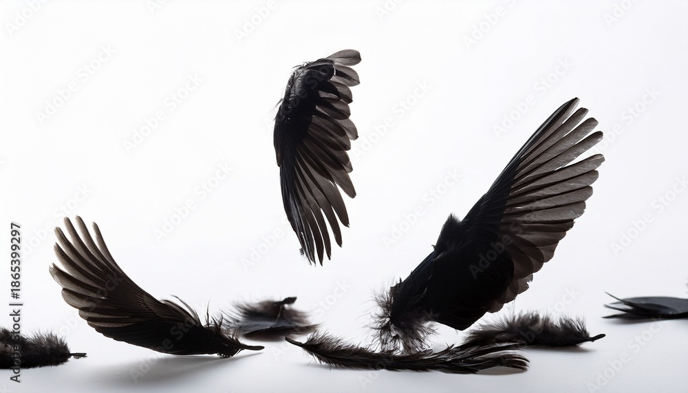 Obraz premium Crow Feathers Falling On White Background