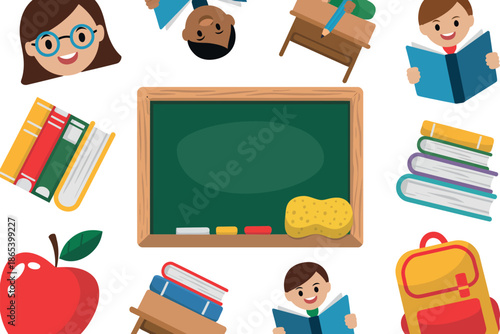 A colorful illustration of a classroom with cartoon students, books, and a chalkboard.