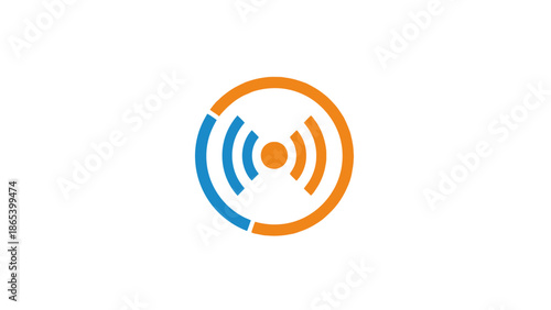 Abstract circular logo with blue and orange elements.