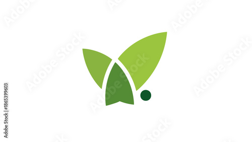 Green leaves forming a stylized butterfly shape with a small circle.