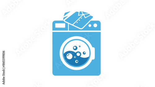 Blue washing machine icon with shirt on top, laundry service concept.