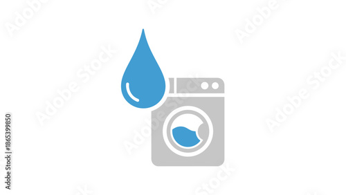 Washing machine with water drop icon, laundry and cleaning service concept.