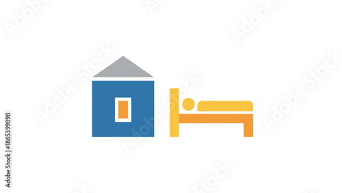 Illustration of a person sleeping in a bed next to a house, representing home and rest.
