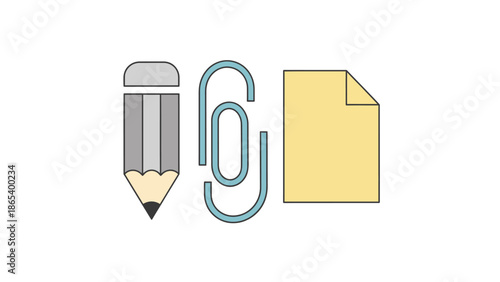 Simple illustration of a pencil, paperclip, and document.