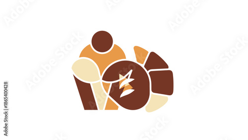 Abstract illustration of a cupcake and croissant pastry in brown and beige tones.