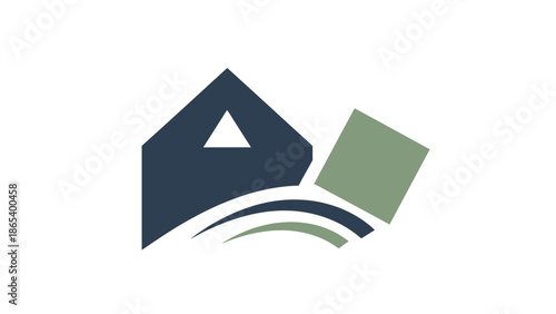 Abstract logo design featuring a house, square, and wavy lines, suitable for real estate or construction companies.