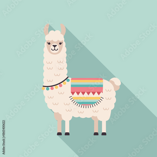 Cute cartoon llama illustration with colorful blanket on a light blue background.