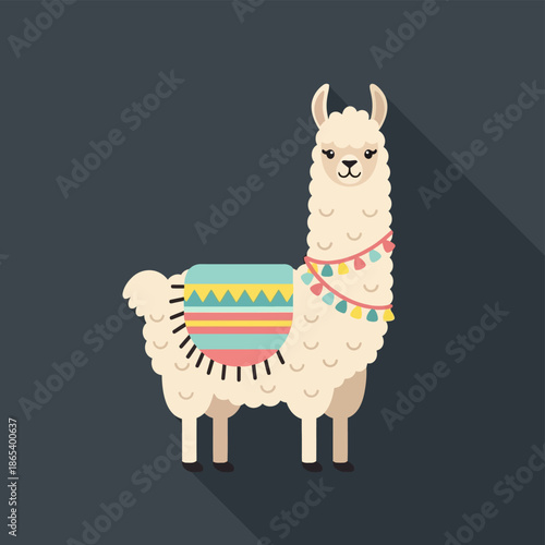 Stylized illustration of a llama with colorful blanket and tassels.